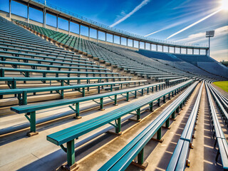 Empty spectator benches stretch across a sunny stadium, row upon row of seats waiting to be filled with enthusiastic fans on game day.