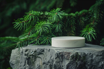 Elegant White Marble Podium Display in a Green Pine Forest Setting: Perfect for Natural and Organic Cosmetic Products