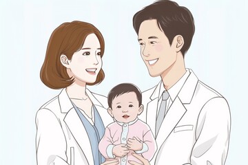 Family portrait with parents and baby serene colors gentle expressions cozy atmosphere digital art heartwarming scene bonding love and care soft hues happy moment