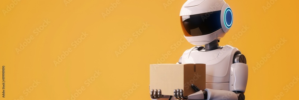 Poster futuristic robot holding a package against a vibrant yellow background. concept of technology and au