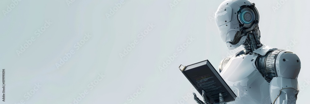 Aufkleber Advanced robot reading a book against a light blue background. Concept of AI learning and robotic education.
