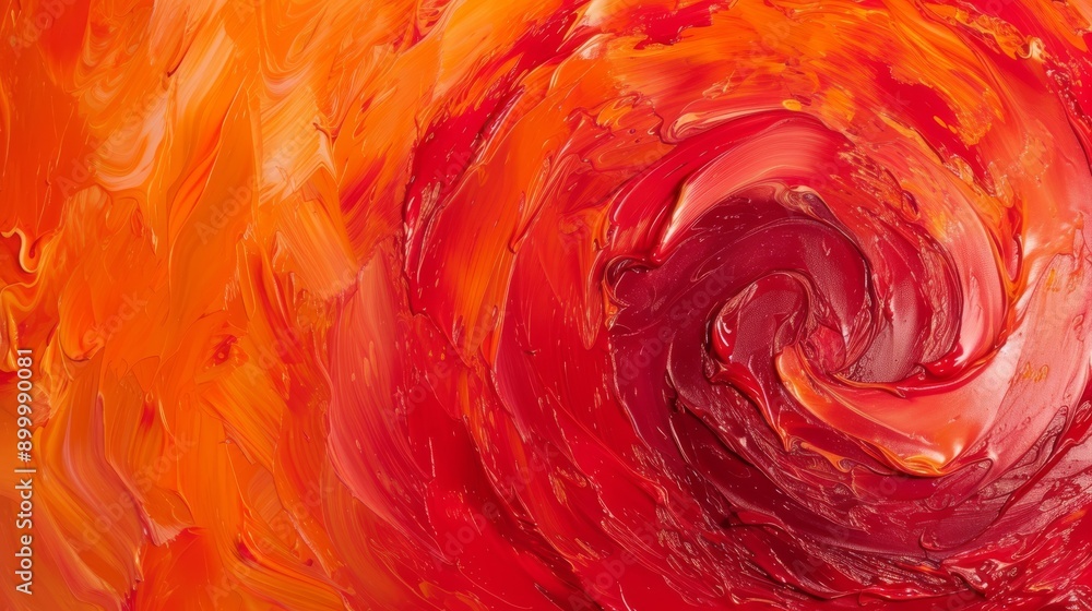 Poster close-up of thick red and orange paint swirled together, creating a rich and textured visual effect.