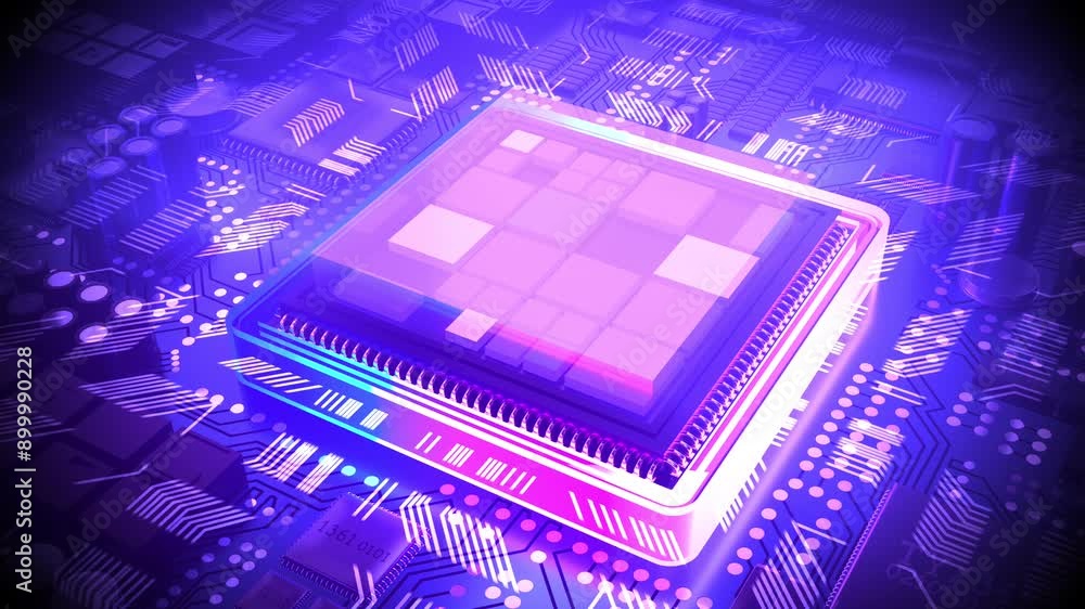Poster computer processor and blinking lines - 3d 4k animation (3840 x 2160 px)