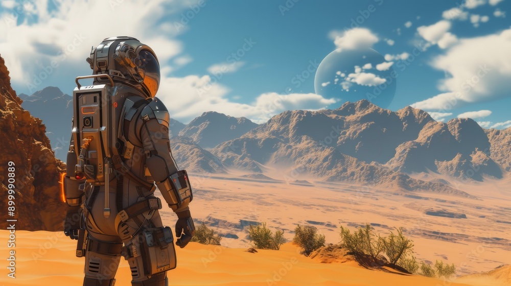 Poster an astronaut in a high-tech suit stands on a desolate planet, taking in the distant mountain ranges 