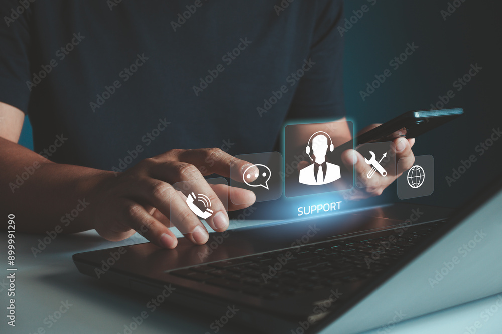 Poster it support, technical support customer service concept, user hand using computer laptop with vr scre