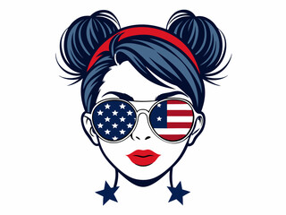 Faceless American Woman with Flag-Colored Sunglasses and Wavy Hair on White Background