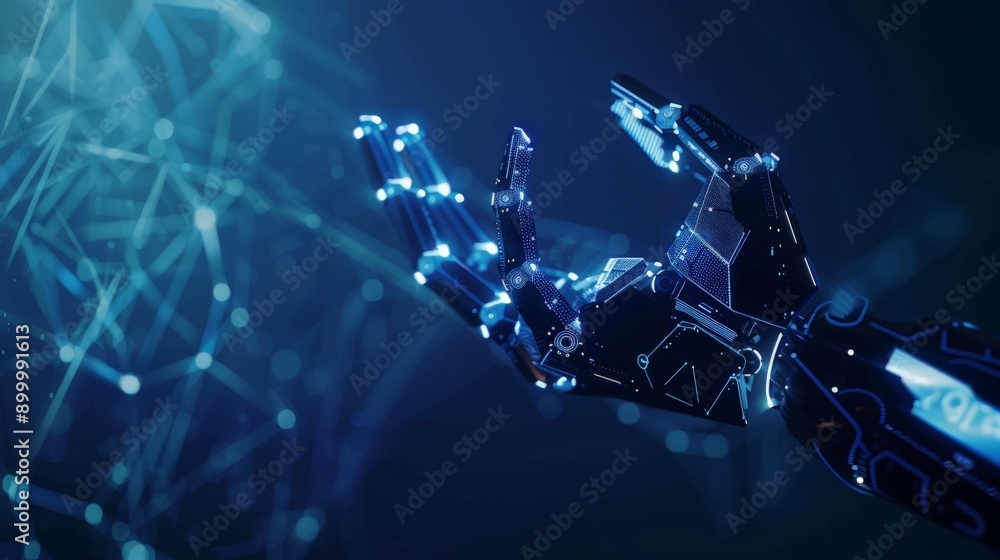 Poster Close-up of a robotic hand reaching out, symbolizing AI potential and futuristic technology. Glowing lights and network.