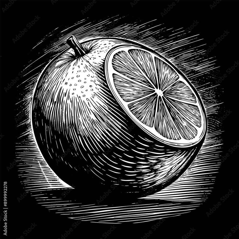 Poster a drawing of an orange with a slice missing