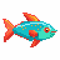 Fototapeta premium A colorful fish with red fins and orange spots swims in a pixelated ocean
