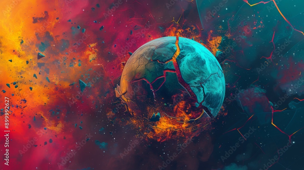 Poster a digitally rendered image of a planet breaking apart in a dramatic cosmic explosion. the vibrant mi