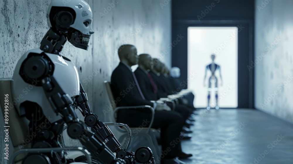 Poster Row of robots and humans seated in an office corridor for job interviews. Future of AI in professional settings.