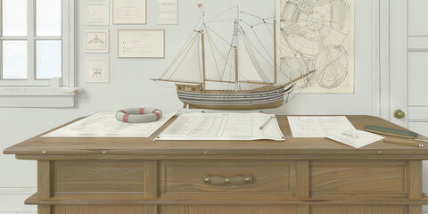 Coast Guard Captain's Desk: A wooden desk with a model ship, a life preserver, and a chart table, showing the work of a coast guard captain.