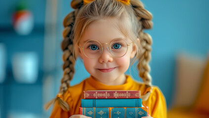 Adorable little girl with glasses holding stack of books. Back to school education concept with child in classroom setting. Knowledge and learning.