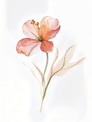 Isolated watercolor pink flower with green stem and leaves. Abstract illustration on white background. Springtime botanical art