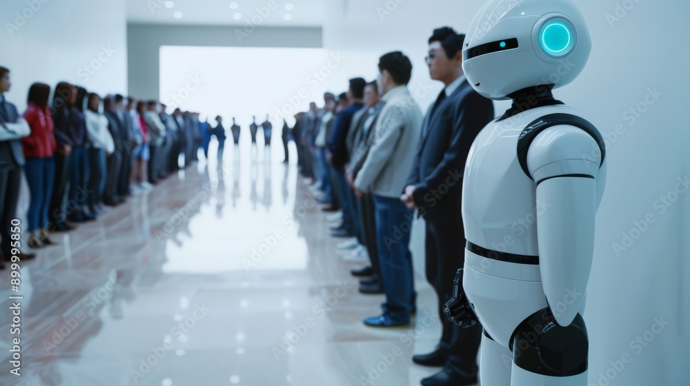 Poster Futuristic robot standing in line with people for a job interview. The blend of humans and AI technology showcases the future of work and innovation.