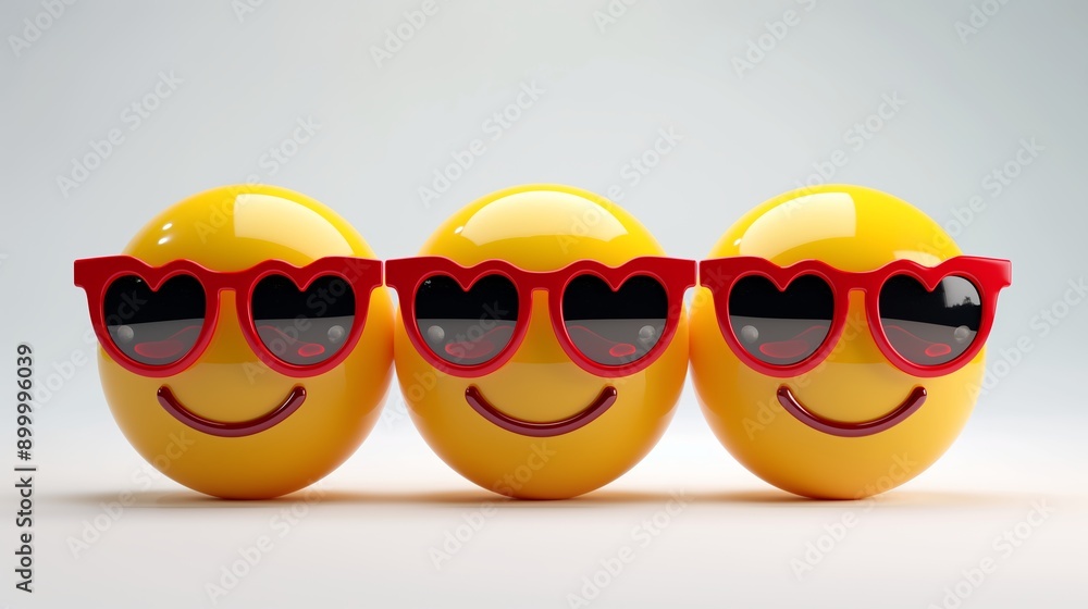 Poster three smiling yellow faces with red heart shaped sunglasses on their eyes. the sunglasses are positi