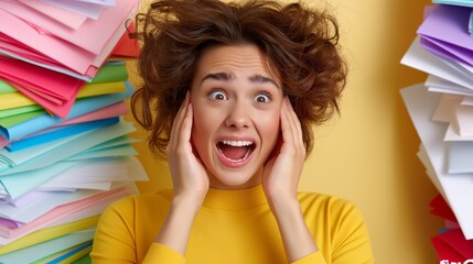 A woman in a yellow shirt is screaming in front of a pile of papers. Concept of chaos and disorganization, as the woman's emotions seem to be overwhelming the surrounding clutter - Powered by Adobe