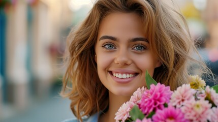 Fototapeta premium A woman with long brown hair and blue eyes is holding a bouquet of pink flowers. She is smiling and she is happy