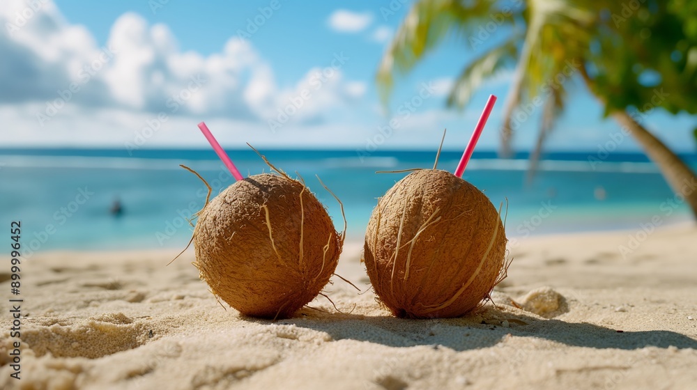 Poster two coconuts with straws in them on a beach