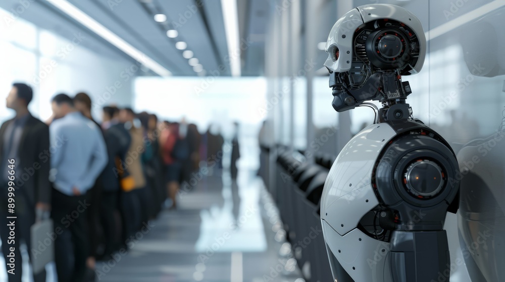 Poster Robots and humans waiting together in a modern room, showing the future of integration. This image represents the coexistence of AI and people in public spaces.