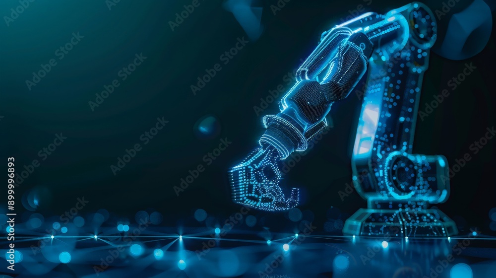 Poster Close-up view of a futuristic robotic arm with glowing blue lights in a dark environment. Advanced technology and automation concept.