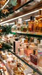 Elegant display of various perfumes and cosmetics on a shelf, accented with festive holiday...