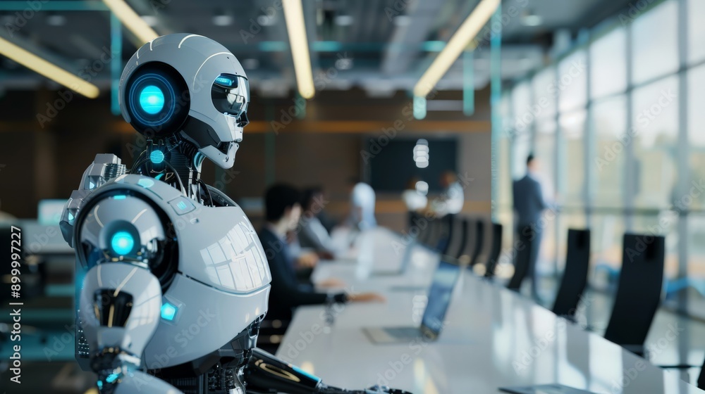 Poster High-tech robot attending a meeting in a modern office environment. The image represents the future of business and AI integration in corporate settings.