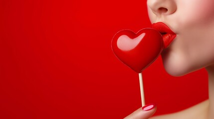 A woman is holding a red heart shaped lollipop. The image has a romantic and playful mood