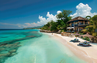 Elegant Beachfront Villa with Private Sandy Beach and Turquoise Waters Surrounded by Tropical Foliage Under a Clear Blue Sky