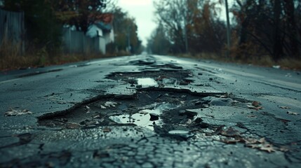 Fototapeta premium Very bad quality street with potholes.