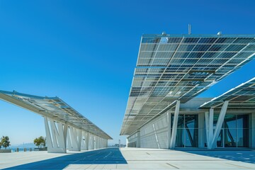 Obraz premium Solar panel array in modern architectural design under clear blue sky, emphasizing renewable energy and innovation.