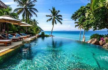 Fototapeta premium Luxurious Beachside Resort with Infinity Pool Overlooking the Ocean for a Perfect Tropical Getaway
