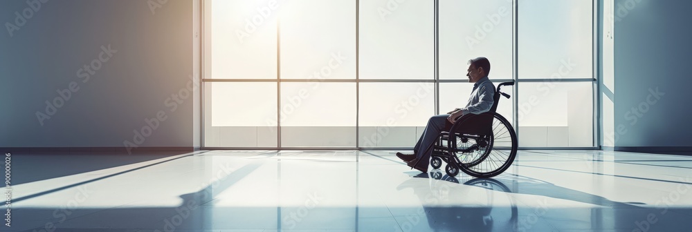 Poster Man in wheelchair in minimalist, sunlit office space. Emphasizing accessibility and inclusion in the workplace.