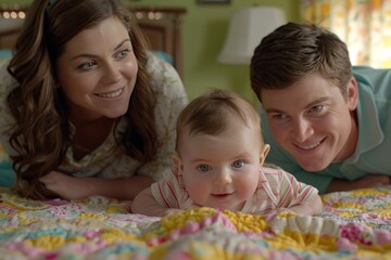 Obraz premium Loving family bonding time with parents and baby on a colorful bed in a cozy home setting vibrant lighting happy emotions nurturing connection warm atmosphere