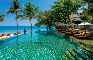 Obraz premium Luxurious Beachfront Resort with Stunning Infinity Pool Overlooking Turquoise Ocean and Tropical Palm Trees