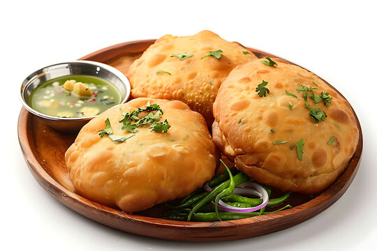 Plate of tasty Kachori with on white background.