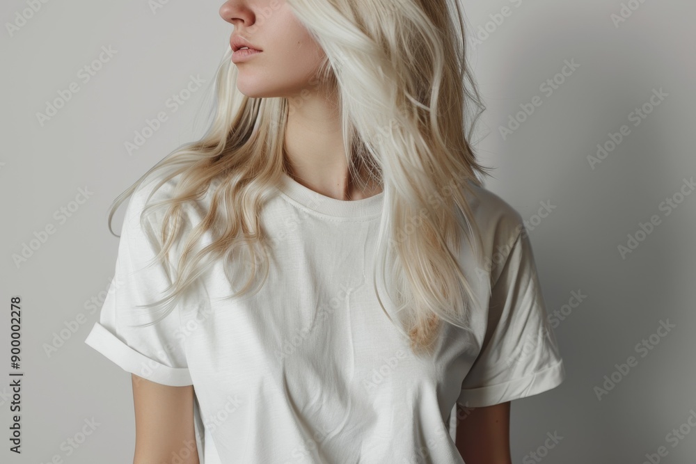 Wall mural White T-shirt Mockup Youth Blonde Hair Generative AI