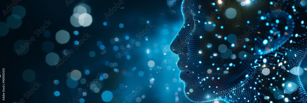 Poster digital profile of a robot's face with blue light effects on a dark background. represents future te