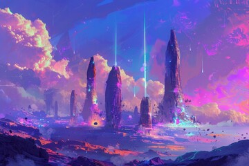 Obraz premium A surreal landscape with towering structures and vibrant colors
