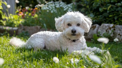 Adorable white fluffy dog lying comfortably on green grass in a beautifully maintained garden, exuding an air of contentment and peacefulness amidst the natural setting.