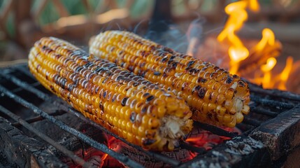 Close-up photo of two yellow corn cobs being grilled on a barbecue, showing flame and smoke, representing outdoor cooking and summertime traditions.