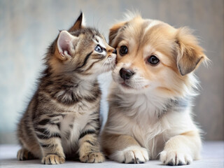 Adorable puppy gently presses lips to kitten's forehead, showcasing ultimate friendship and affection, perfect for expressing love and companionship on Valentine's Day.