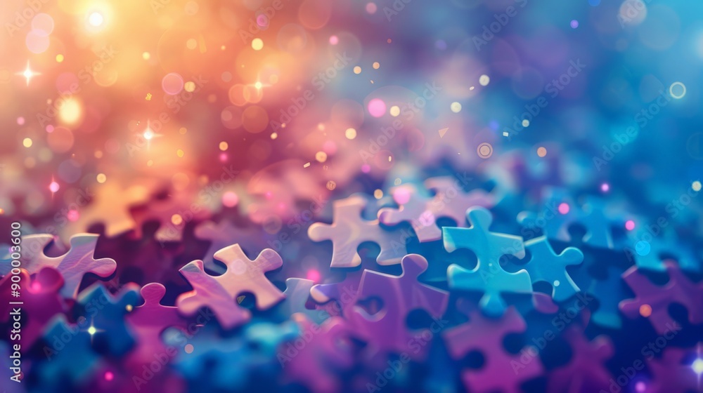 Poster colorful puzzle pieces scattered with bokeh lights in background. fun and playful concept.