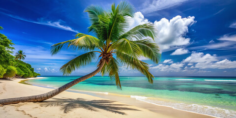 Tilted palm tree stands alone on a deserted beach with its trunk leaning towards the calm turquoise ocean, surrounded by lush green vegetation.