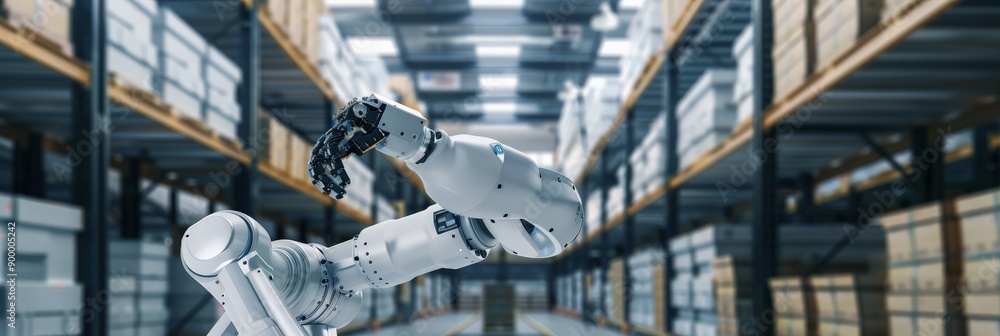 Poster White robotic arm lifting a box in a warehouse filled with shelves. Advanced automation and robotics in logistics and storage.