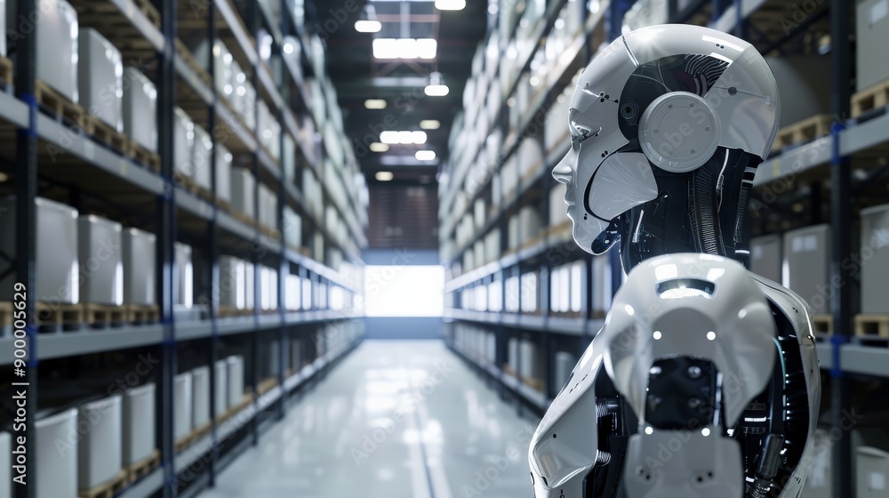 Aufkleber humanoid robot in a brightly lit warehouse environment. concept of advanced robotics and ai in stora