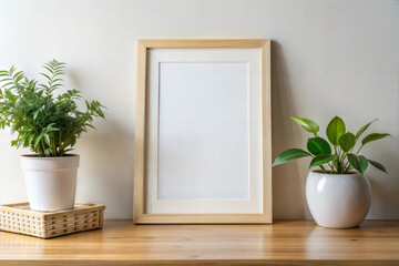 Minimalist frame with empty space and greenery on wooden table  