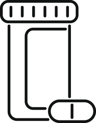 Open medicine bottle with one pill coming out, simple black and white line art