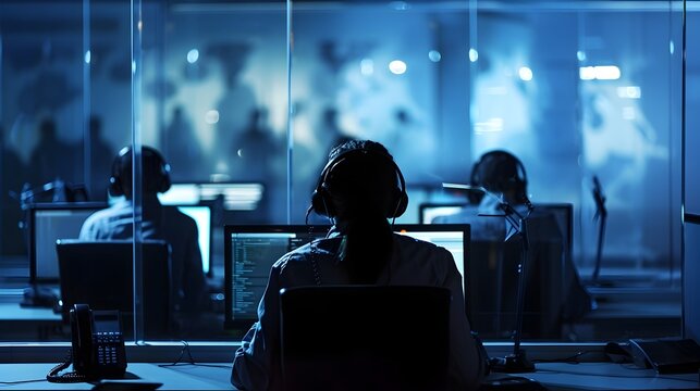 Shadowy Call Center Employees Utilizing Dated Tech in Dim Workspace