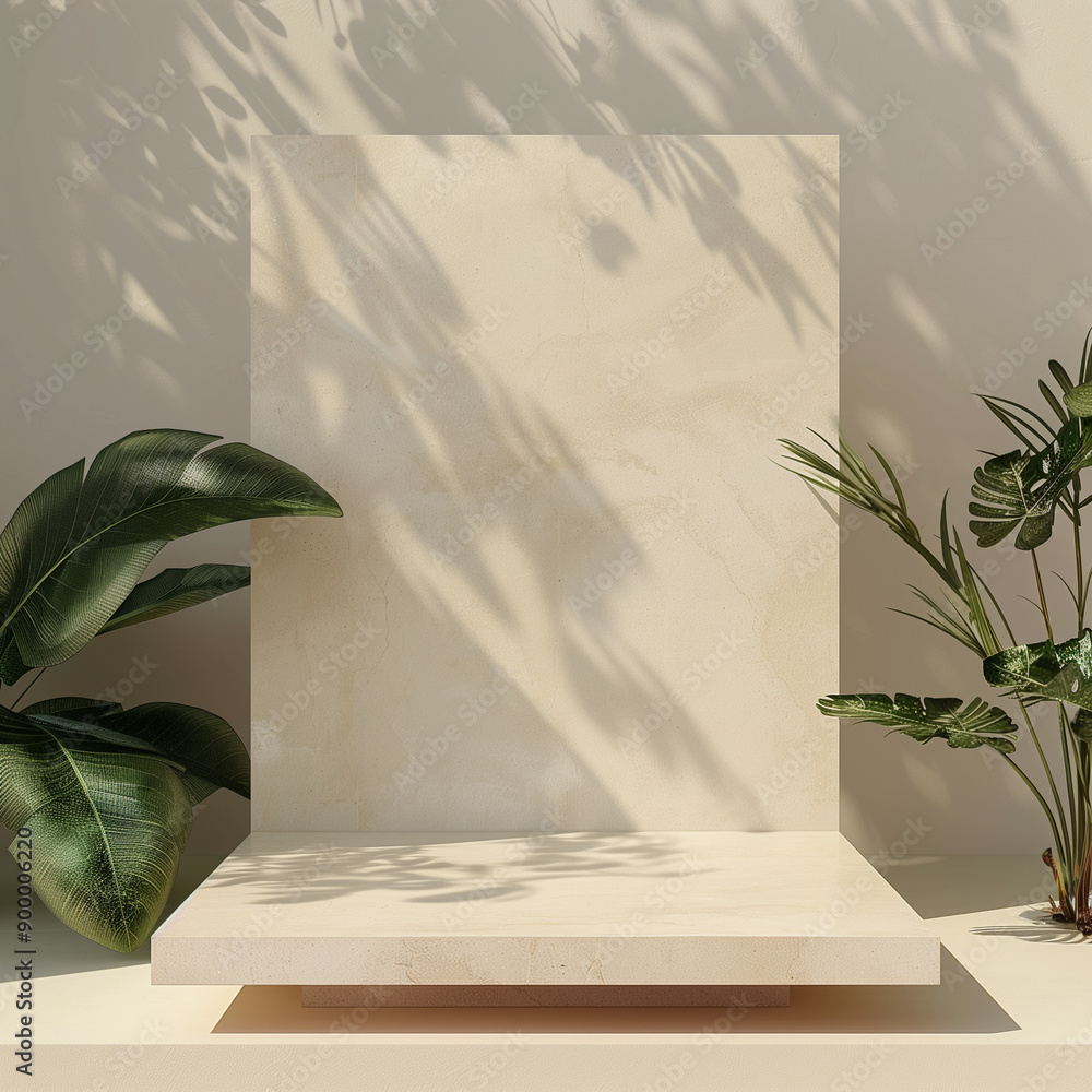 Poster minimalistic square display podium with copy space on elegant beige background